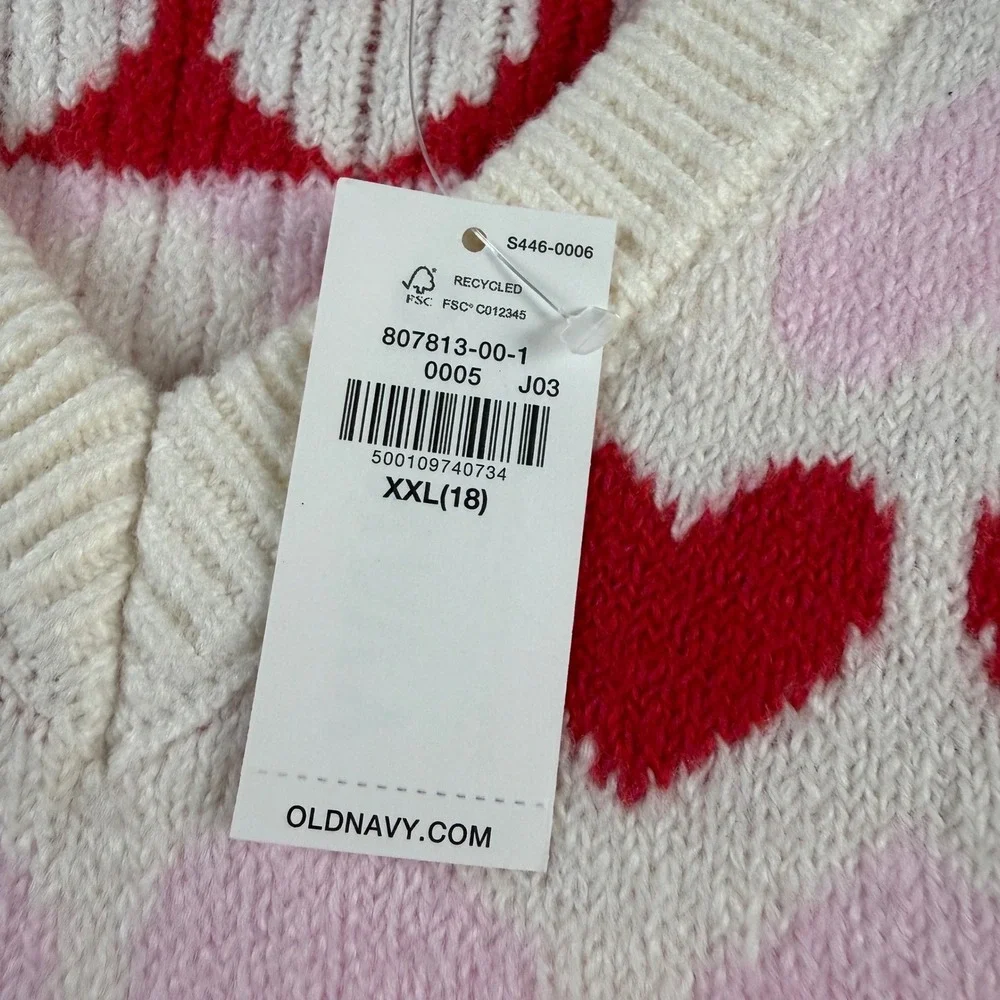 Old Navy Heart Sweater Vest Girls XXL 18 Pink Red White V-Neck Knit Coquette‎